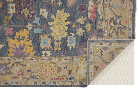 8' X 12' Gold Blue and Purple Wool Oriental Hand Knotted Area Rug With Fringe
