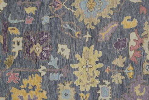 8' X 12' Gold Blue and Purple Wool Oriental Hand Knotted Area Rug With Fringe