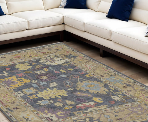 8' X 12' Gold Blue and Purple Wool Oriental Hand Knotted Area Rug With Fringe
