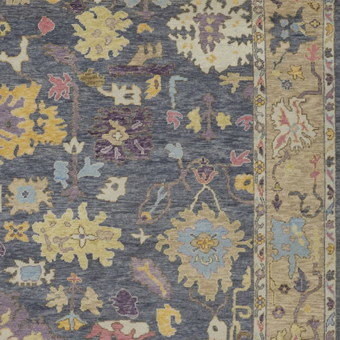 8' X 12' Gold Blue and Purple Wool Oriental Hand Knotted Area Rug With Fringe