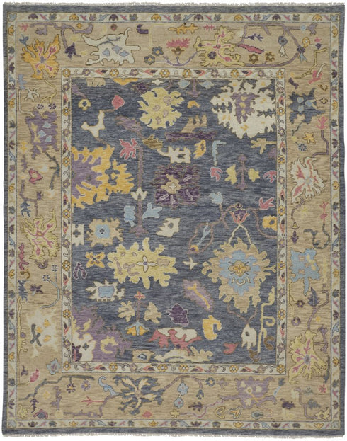 8' X 12' Gold Blue and Purple Wool Oriental Hand Knotted Area Rug With Fringe