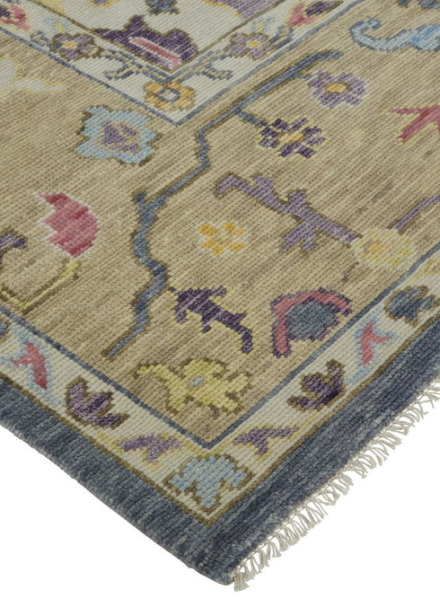 8' X 12' Gold Blue and Purple Wool Oriental Hand Knotted Area Rug With Fringe