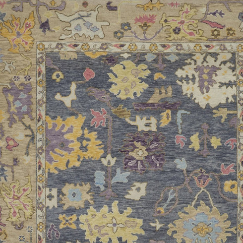 8' X 12' Gold Blue and Purple Wool Oriental Hand Knotted Area Rug With Fringe