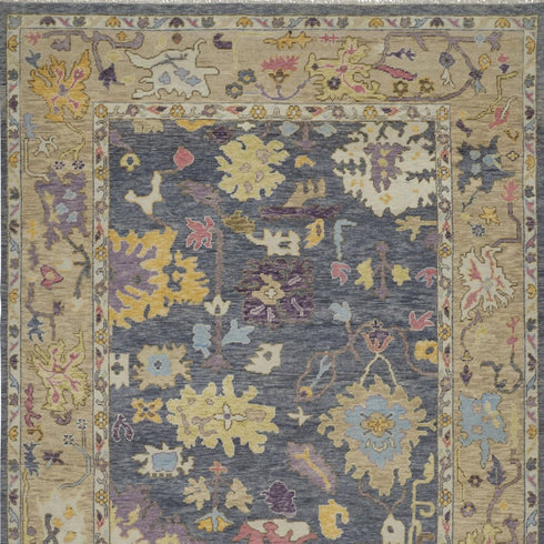 8' X 12' Gold Blue and Purple Wool Oriental Hand Knotted Area Rug With Fringe
