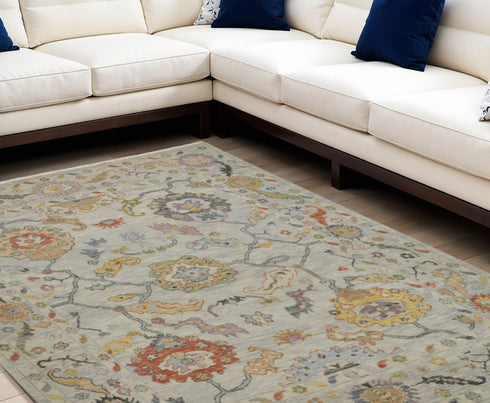 9' X 13' Gray Red and Yellow Wool Oriental Hand Knotted Area Rug With Fringe