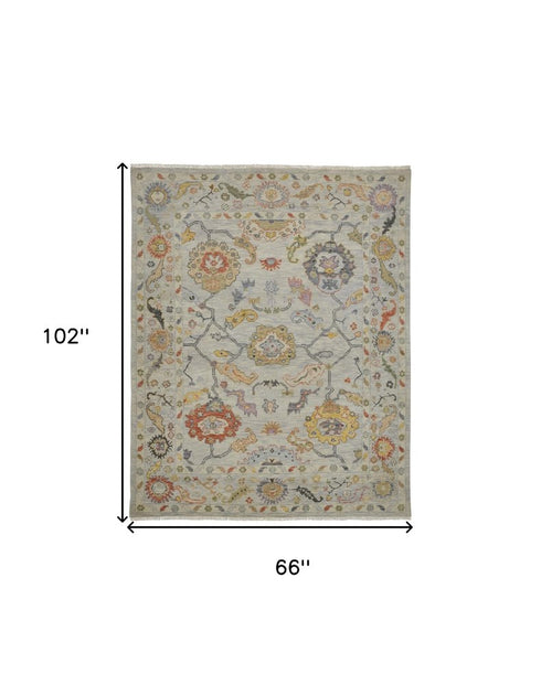 9' X 13' Gray Red and Yellow Wool Oriental Hand Knotted Area Rug With Fringe