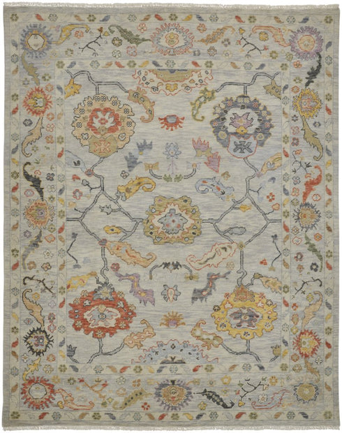 9' X 13' Gray Red and Yellow Wool Oriental Hand Knotted Area Rug With Fringe