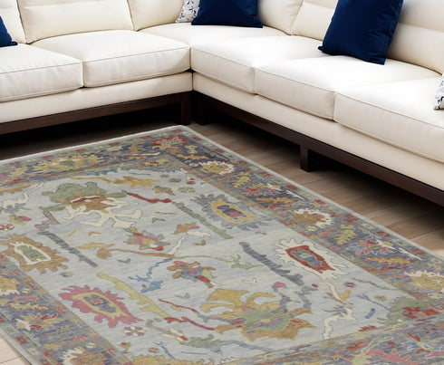 9' X 13' Gray Blue and Gold Wool Oriental Hand Knotted Area Rug With Fringe