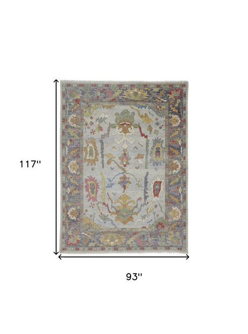9' X 13' Gray Blue and Gold Wool Oriental Hand Knotted Area Rug With Fringe
