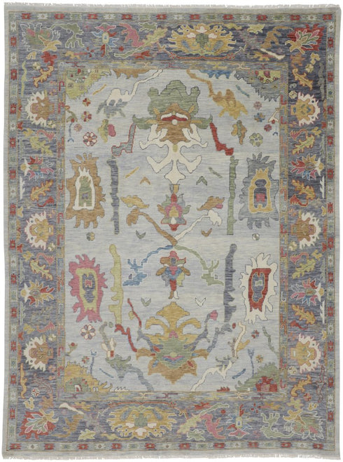 9' X 13' Gray Blue and Gold Wool Oriental Hand Knotted Area Rug With Fringe