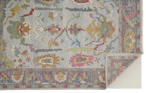 9' X 13' Gray Blue and Gold Wool Oriental Hand Knotted Area Rug With Fringe