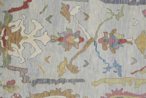 9' X 13' Gray Blue and Gold Wool Oriental Hand Knotted Area Rug With Fringe