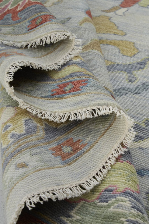 9' X 13' Gray Blue and Gold Wool Oriental Hand Knotted Area Rug With Fringe