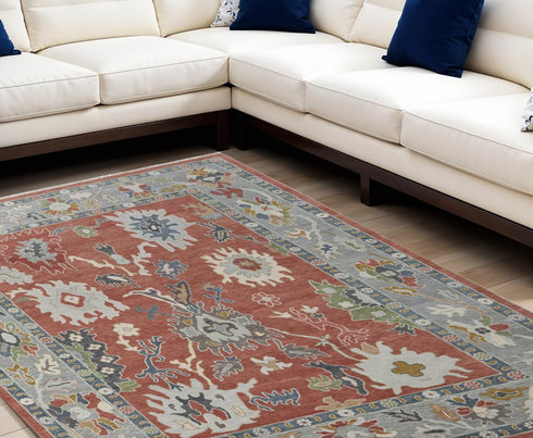 9' X 13' Gray Red and Ivory Wool Floral Hand Knotted Area Rug With Fringe