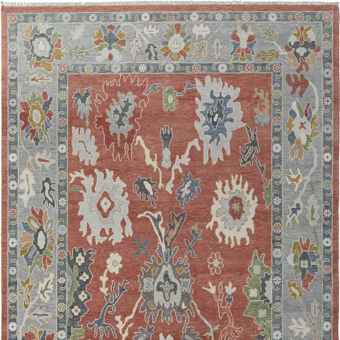 9' X 13' Gray Red and Ivory Wool Floral Hand Knotted Area Rug With Fringe