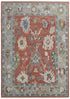 9' X 13' Gray Red and Ivory Wool Floral Hand Knotted Area Rug With Fringe