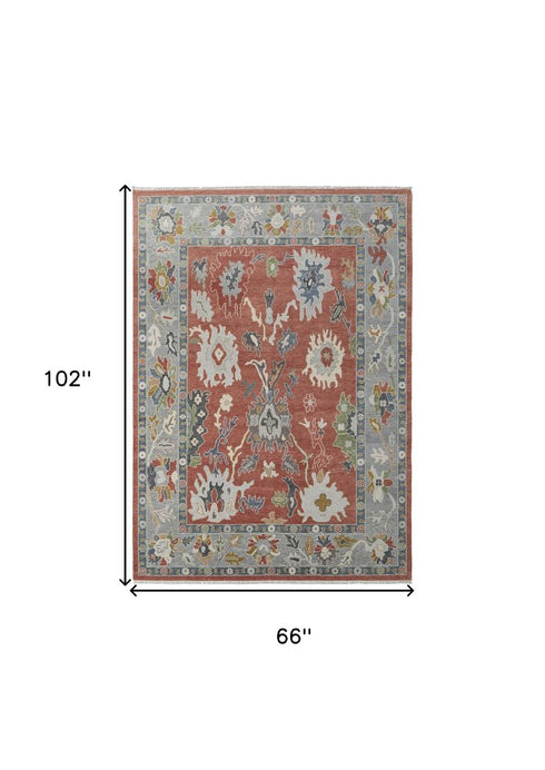 9' X 13' Gray Red and Ivory Wool Floral Hand Knotted Area Rug With Fringe