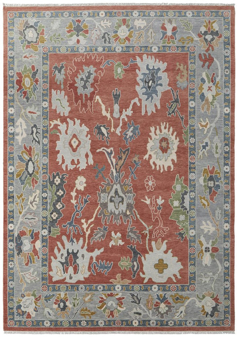 9' X 13' Gray Red and Ivory Wool Floral Hand Knotted Area Rug With Fringe