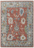 9' X 13' Gray Red and Ivory Wool Floral Hand Knotted Area Rug With Fringe
