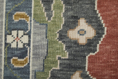 9' X 13' Gray Red and Ivory Wool Floral Hand Knotted Area Rug With Fringe