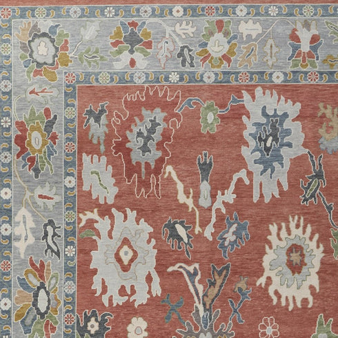 9' X 13' Gray Red and Ivory Wool Floral Hand Knotted Area Rug With Fringe