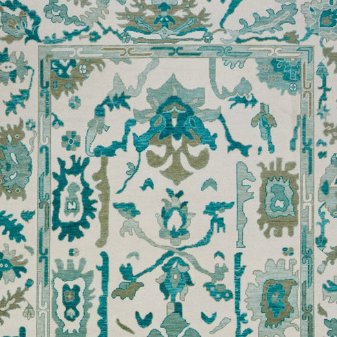 8' X 12' Green and Ivory Wool Floral Hand Knotted Area Rug With Fringe