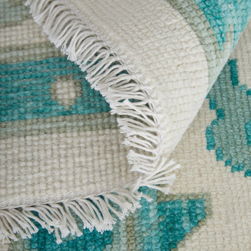 8' X 12' Green and Ivory Wool Floral Hand Knotted Area Rug With Fringe