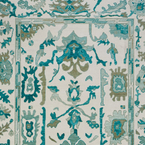 8' X 12' Green and Ivory Wool Floral Hand Knotted Area Rug With Fringe