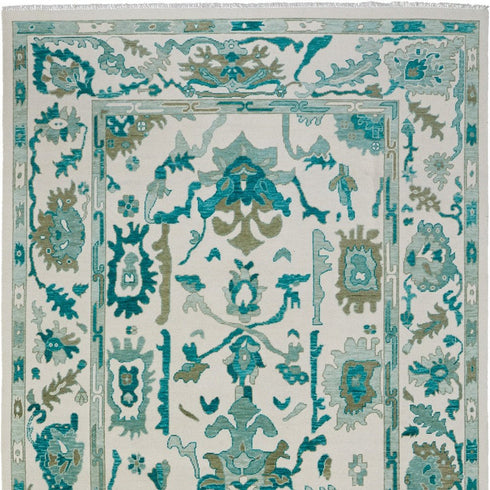 8' X 12' Green and Ivory Wool Floral Hand Knotted Area Rug With Fringe
