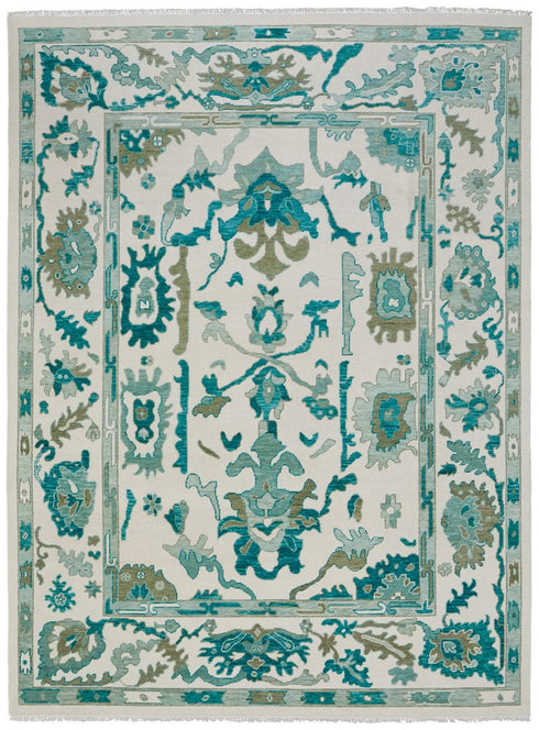 8' X 12' Green and Ivory Wool Floral Hand Knotted Area Rug With Fringe
