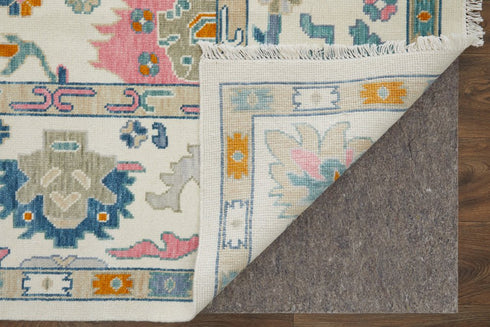 8' X 12' Blue Ivory and Pink Wool Floral Hand Knotted Area Rug With Fringe