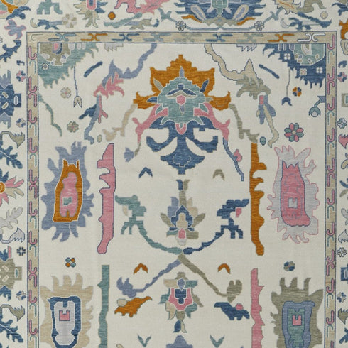 8' X 12' Blue Ivory and Pink Wool Floral Hand Knotted Area Rug With Fringe