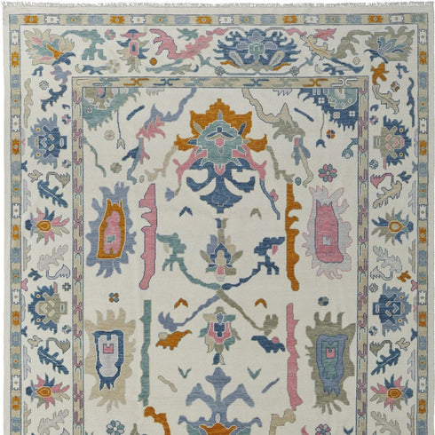 8' X 12' Blue Ivory and Pink Wool Floral Hand Knotted Area Rug With Fringe