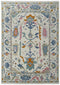 8' X 12' Blue Ivory and Pink Wool Floral Hand Knotted Area Rug With Fringe