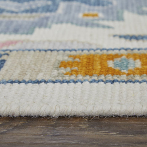 8' X 12' Blue Ivory and Pink Wool Floral Hand Knotted Area Rug With Fringe