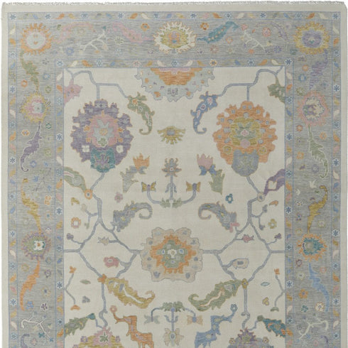 9' X 13' Gray Ivory and Orange Wool Floral Hand Knotted Area Rug With Fringe