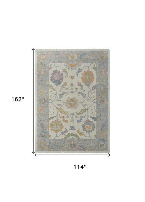 9' X 13' Gray Ivory and Orange Wool Floral Hand Knotted Area Rug With Fringe