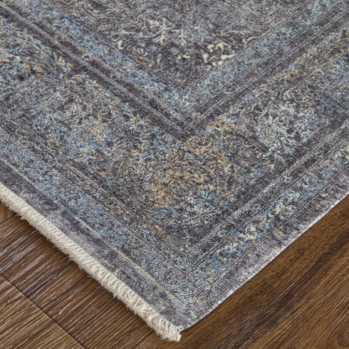 9' X 13' Gray and Silver Oriental Power Loom Worn Faded Area Rug