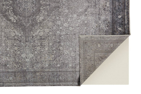 9' X 13' Gray and Silver Oriental Power Loom Worn Faded Area Rug