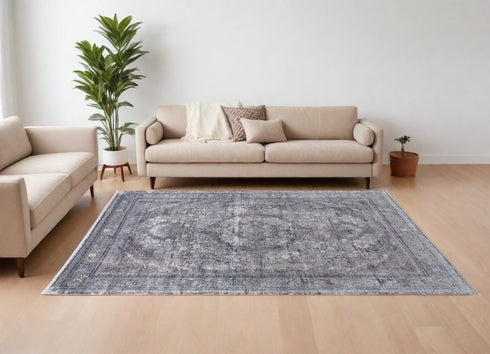9' X 13' Gray and Silver Oriental Power Loom Worn Faded Area Rug
