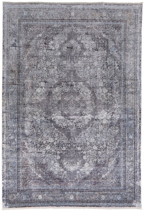 9' X 13' Gray and Silver Oriental Power Loom Worn Faded Area Rug
