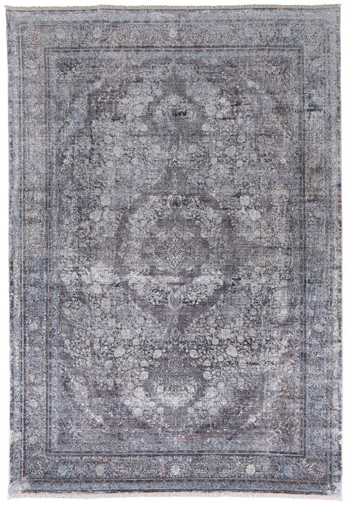 9' X 13' Gray and Silver Oriental Power Loom Worn Faded Area Rug