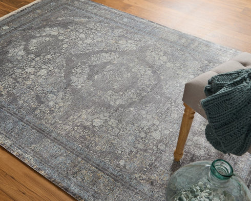 9' X 13' Gray and Silver Oriental Power Loom Worn Faded Area Rug