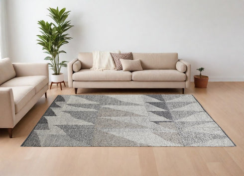 8' X 12' Gray and Ivory Wool Geometric Hand Knotted Area Rug