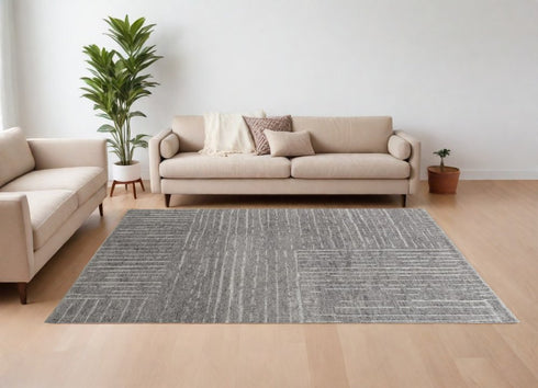 9' X 13' Gray and Ivory Wool Checkered Hand Knotted Worn Faded Area Rug