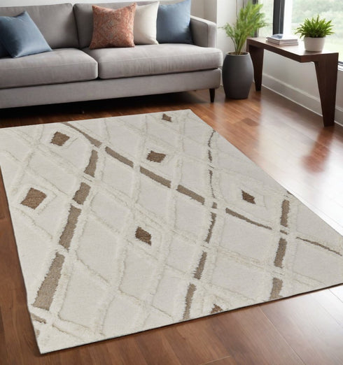 9' X 12' Ivory Taupe and Brown Wool Geometric Hand Tufted Area Rug