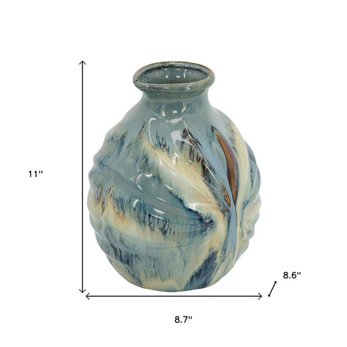 11" Blue Beige And Brown Abstract Round Ceramic Table Vase