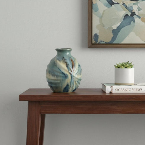 11" Blue Beige And Brown Abstract Round Ceramic Table Vase