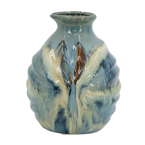 11" Blue Beige And Brown Abstract Round Ceramic Table Vase