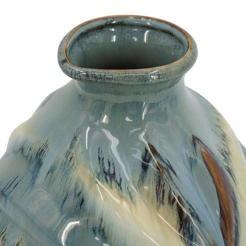 11" Blue Beige And Brown Abstract Round Ceramic Table Vase